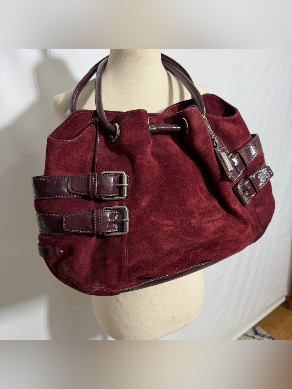 Cole Haan • Merlot Suede & Patent Leather Y2K Hobo Shoulder Bag - Picture 6 of 15